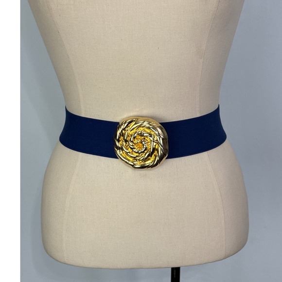 Pearl Accessories - Vintage 1985 Pearl Blue Elastic Cinch Belt Gold Swirl Buckle Medium 26-28 Waist